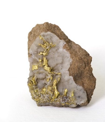 Museum mineral series: native gold on quartz, Eritrea. 4cm high.